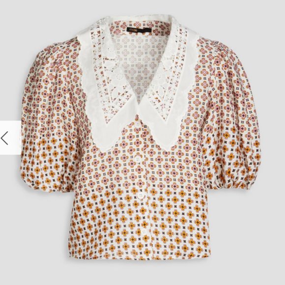 Maje Cosange Guipure Lace-Trimmed Printed Linen Blouse - Picture 12 of 16